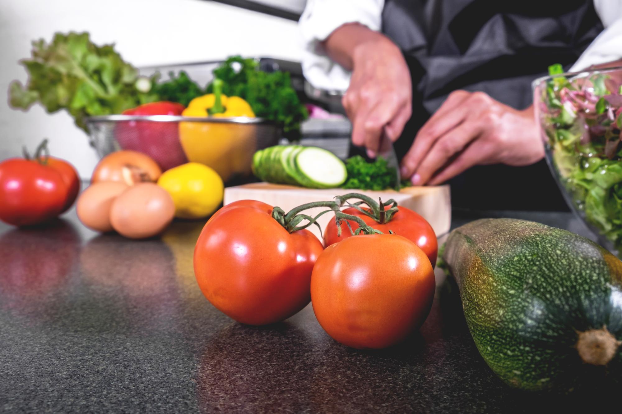 Workshop kitchen with tools and fresh produce